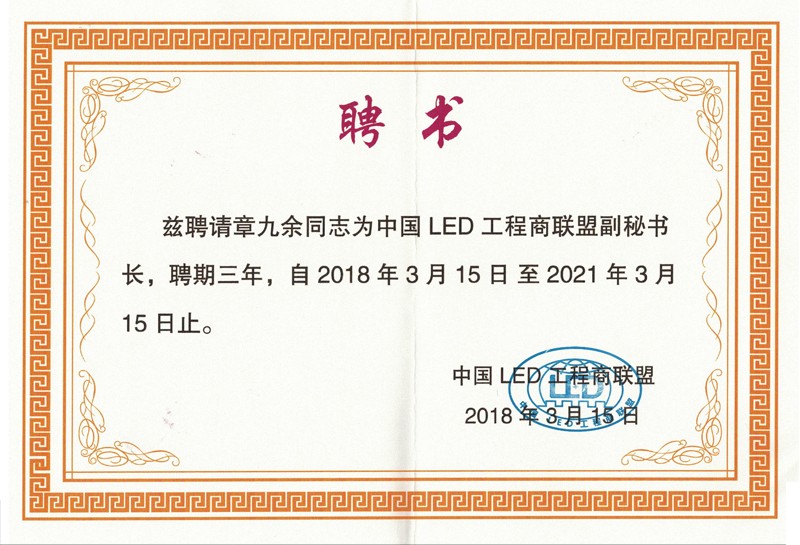 中國(guó)led工程商聯(lián)盟副秘書長(zhǎng)聘書